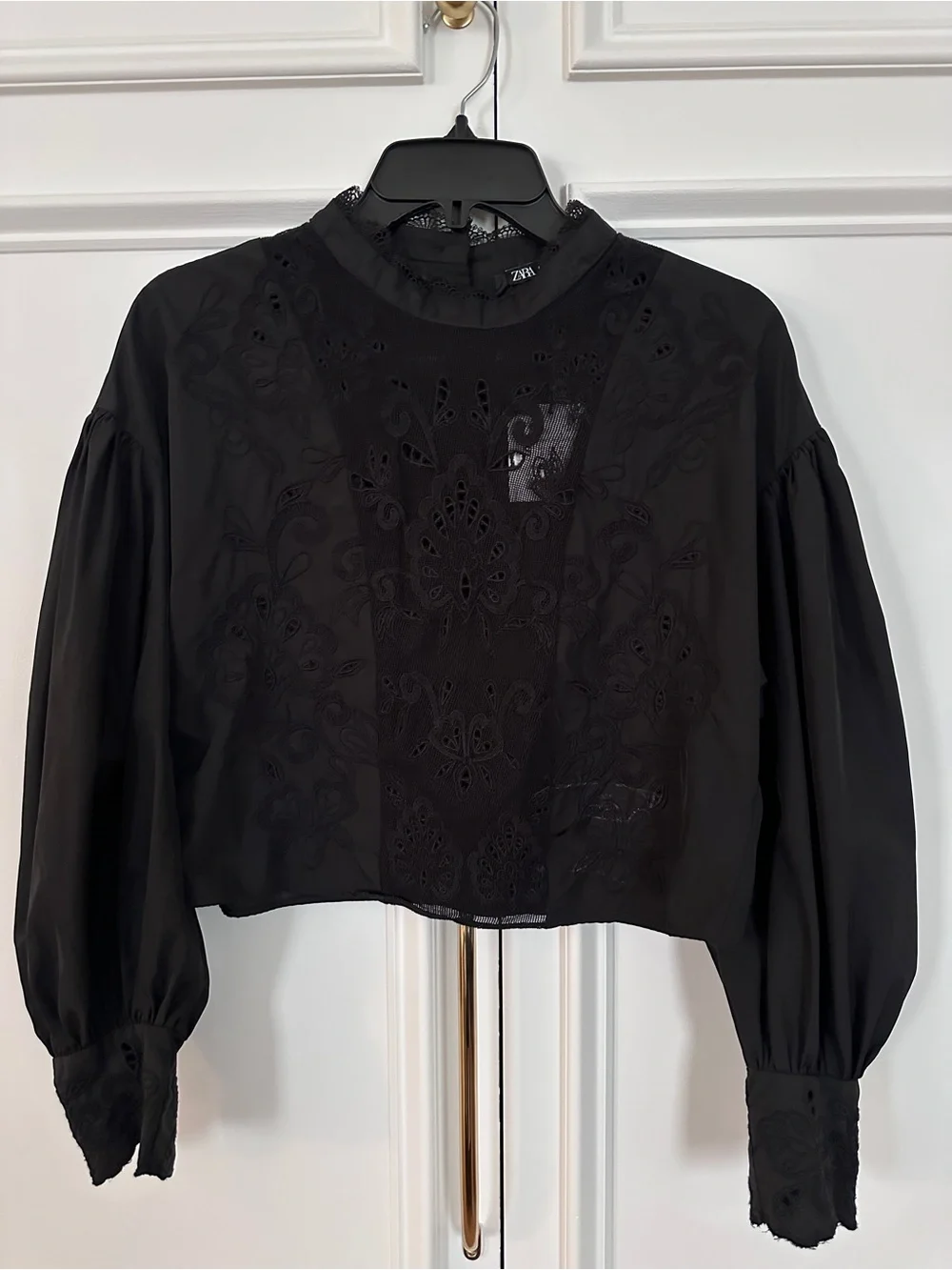 ZARA Black Embroidered High-Neck Blouse